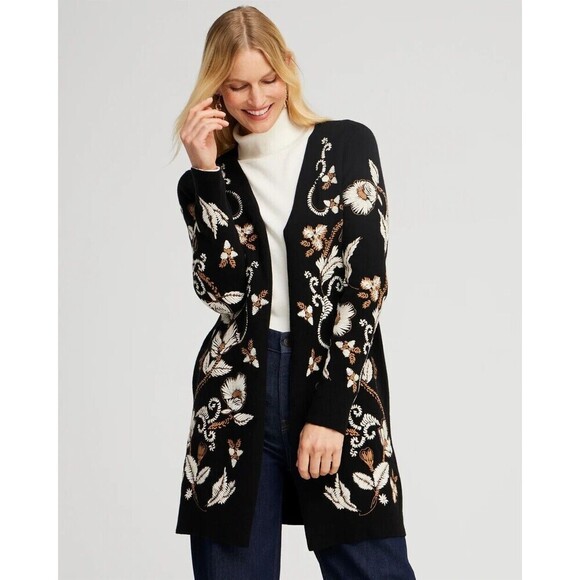 Chico's Sweaters - Chico's Women's Embroidered Embellished Cardigan L Black Long Sleeve Open Front